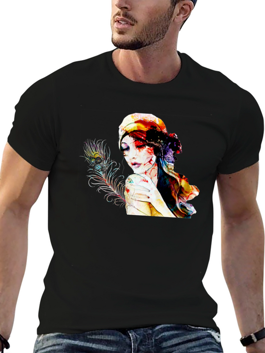 Camiseta Negra con Diseño Artístico de Mujer y Pluma de Pavo Real