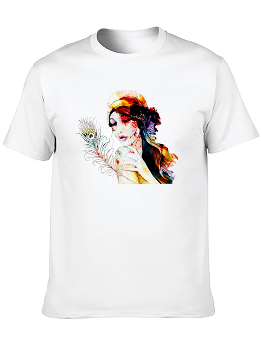 Camiseta Negra con Diseño Artístico de Mujer y Pluma de Pavo Real