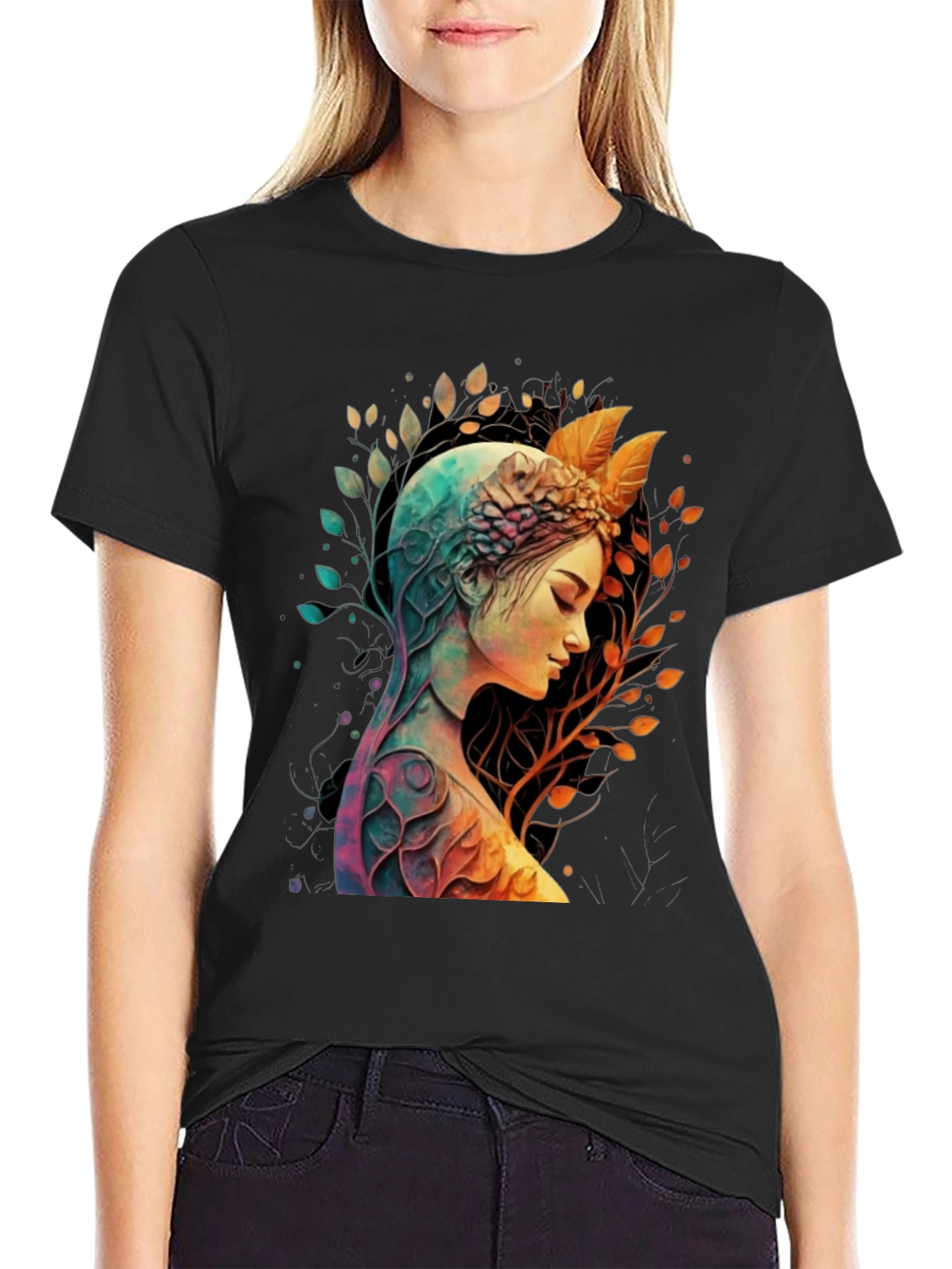 Camiseta Negra con Diseño de Naturaleza y Mujer
