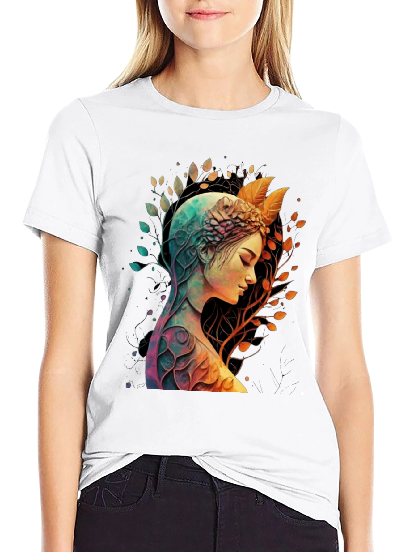 Camiseta Negra con Diseño de Naturaleza y Mujer