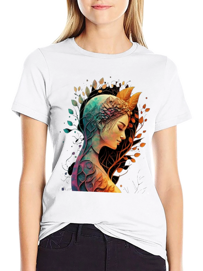 Camiseta Negra con Diseño de Naturaleza y Mujer