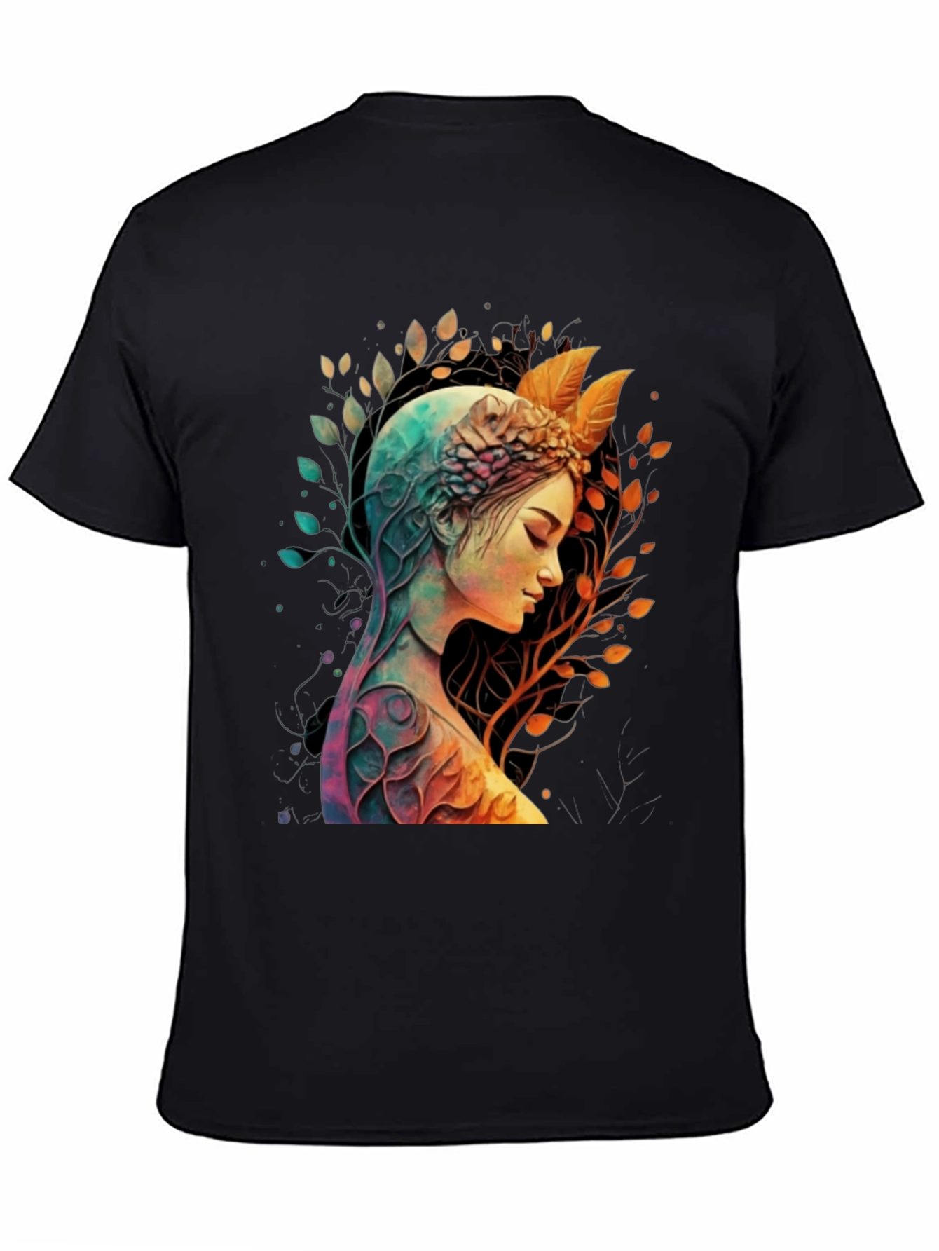Camiseta Negra con Diseño de Naturaleza y Mujer