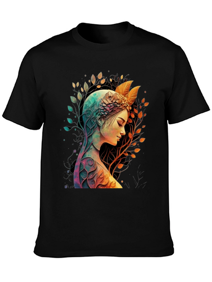 Camiseta Negra con Diseño de Naturaleza y Mujer