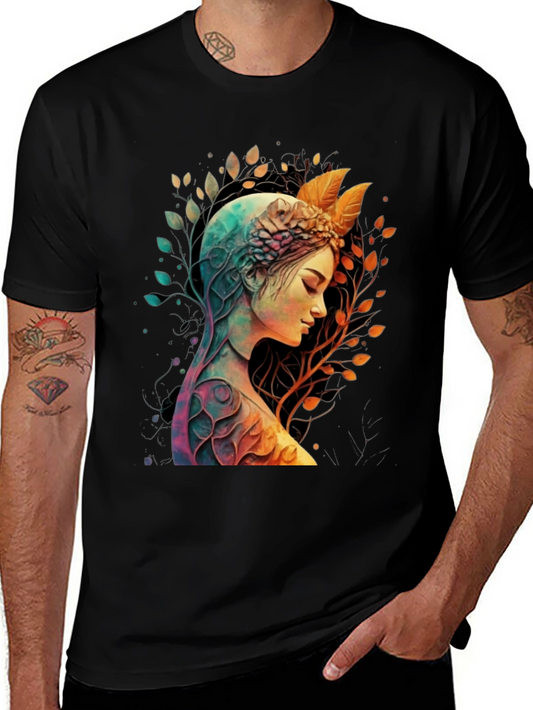 Camiseta Negra con Diseño de Naturaleza y Mujer