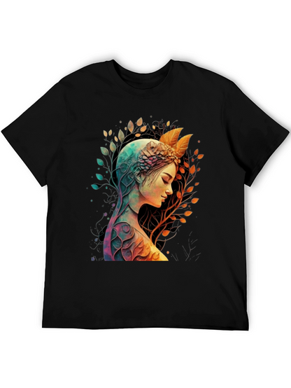 Camiseta Negra con Diseño de Naturaleza y Mujer