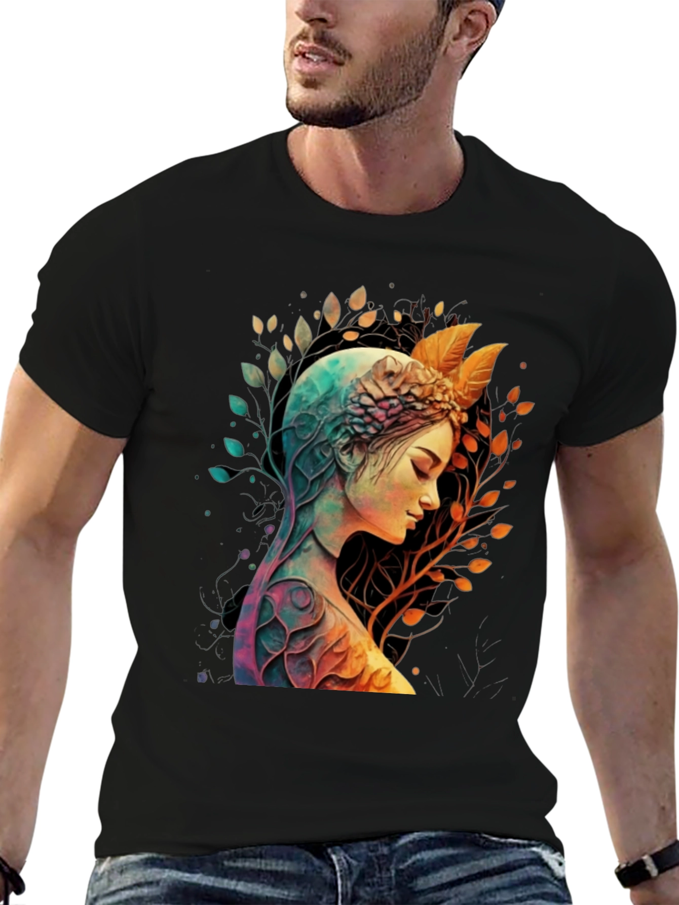 Camiseta Negra con Diseño de Naturaleza y Mujer