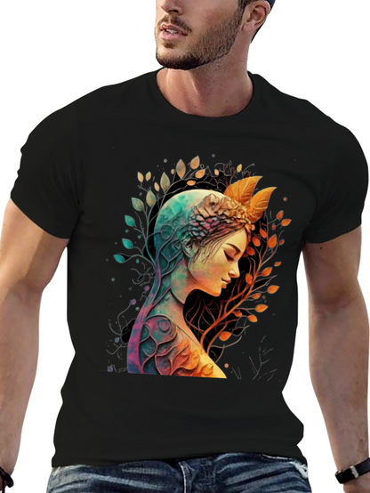 Camiseta Negra con Diseño de Naturaleza y Mujer