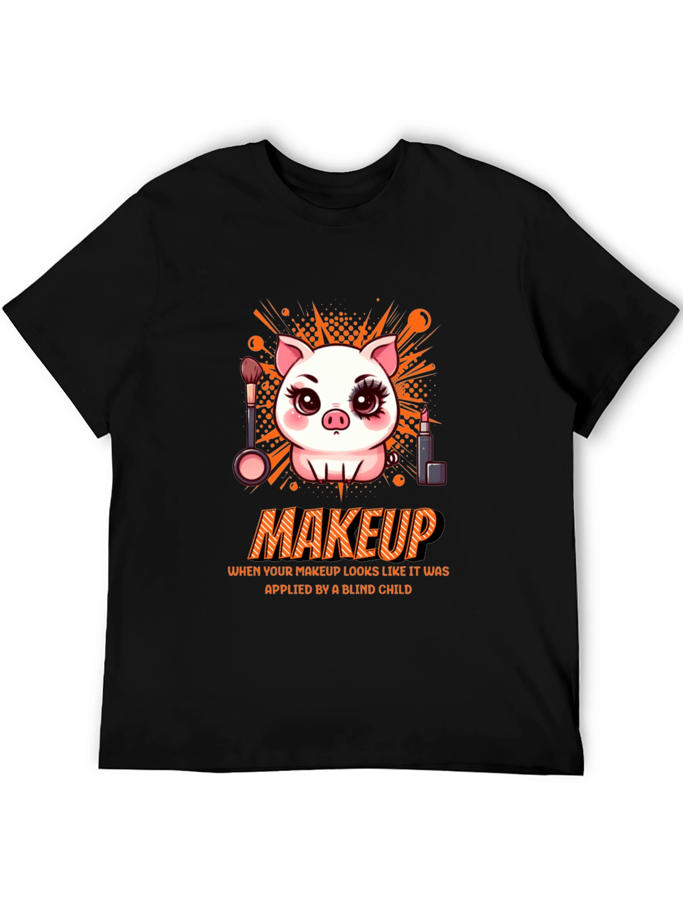 Camiseta Negra Estampada: Cerdo con Maquillaje