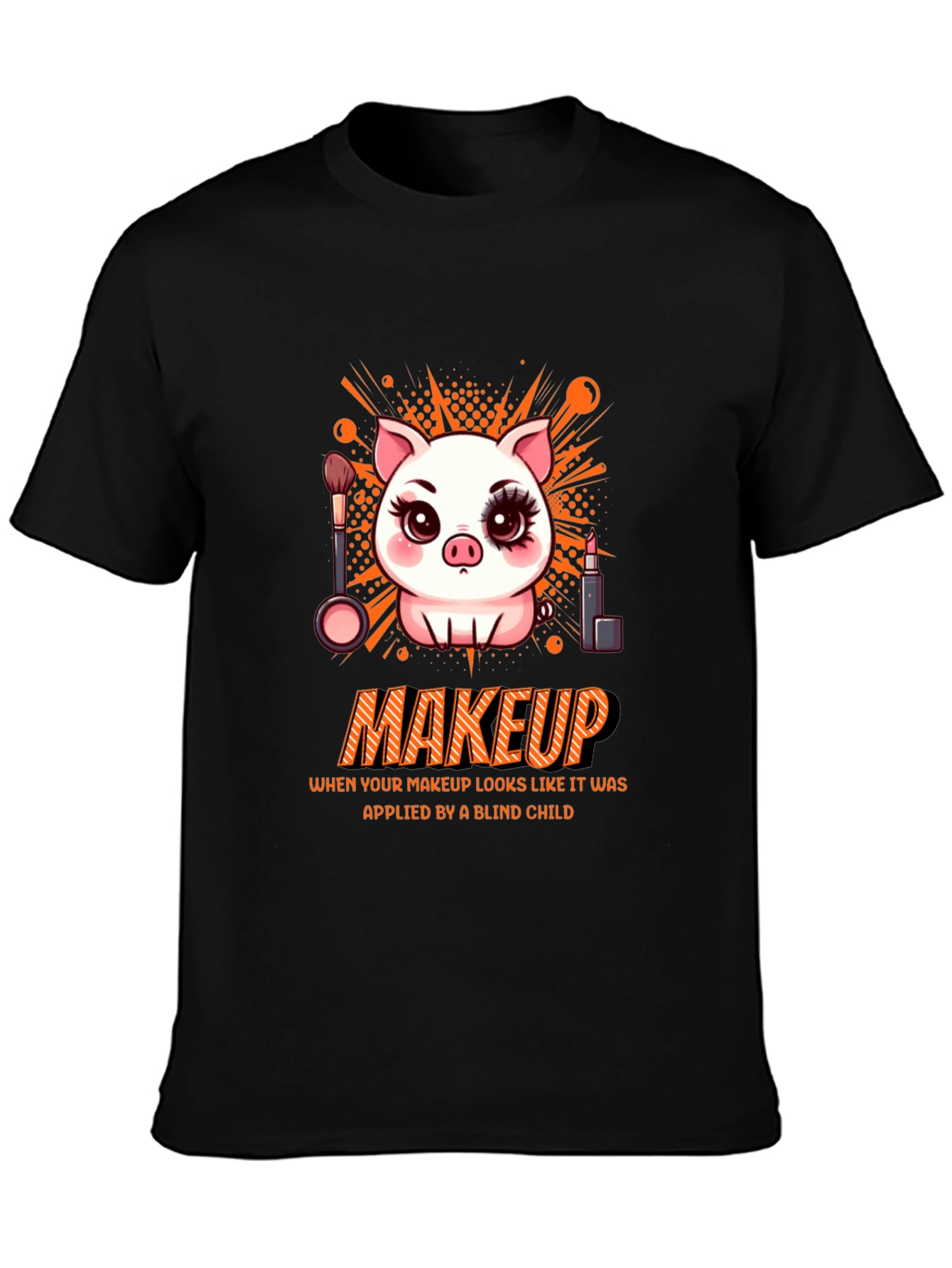 Camiseta Negra Estampada: Cerdo con Maquillaje