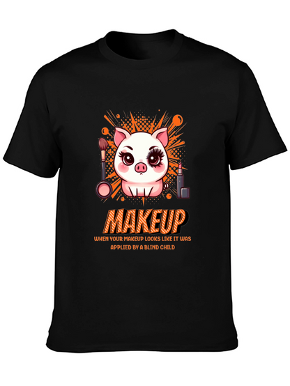 Camiseta Negra Estampada: Cerdo con Maquillaje