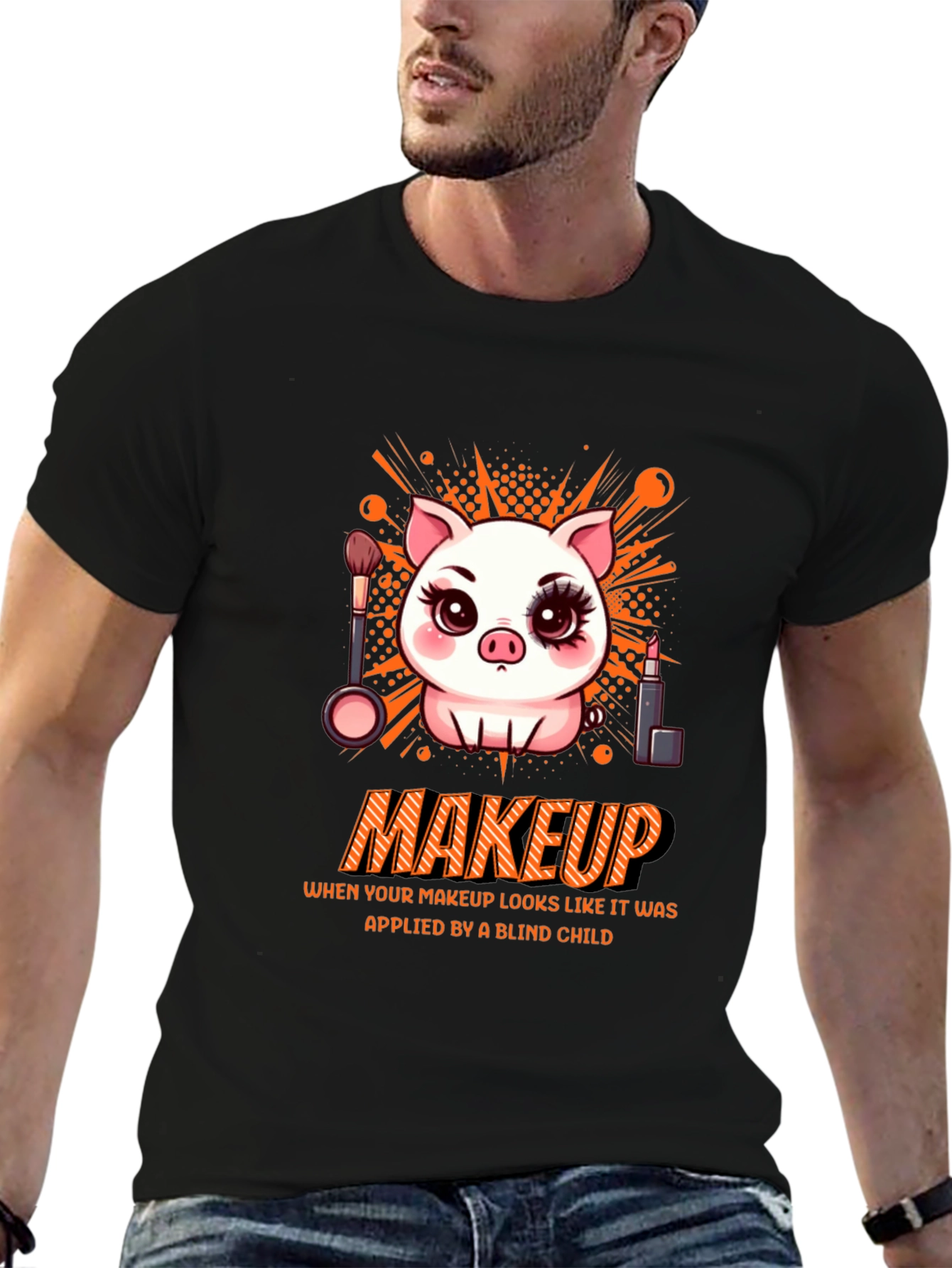 Camiseta Negra Estampada: Cerdo con Maquillaje