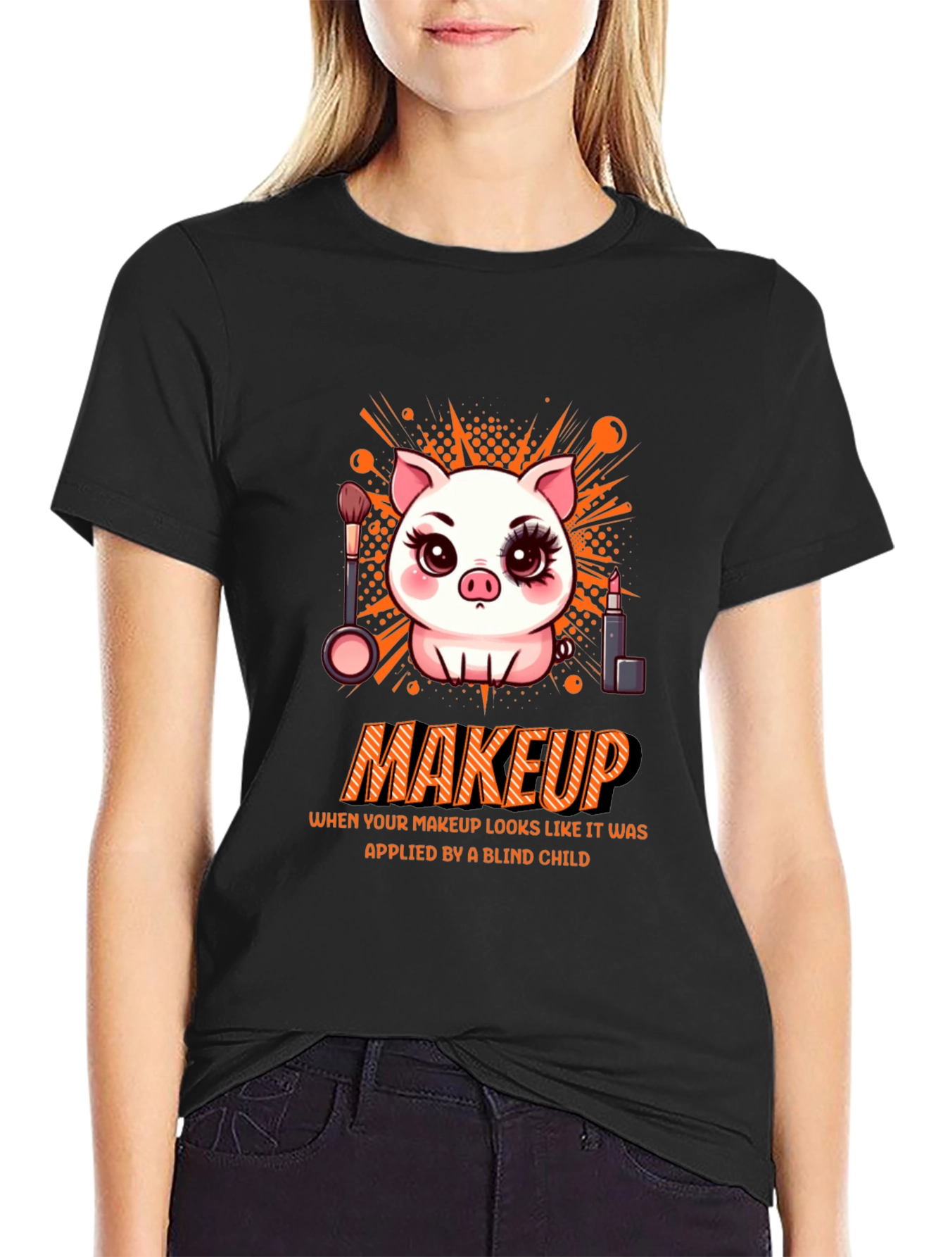 Camiseta Negra Estampada: Cerdo con Maquillaje