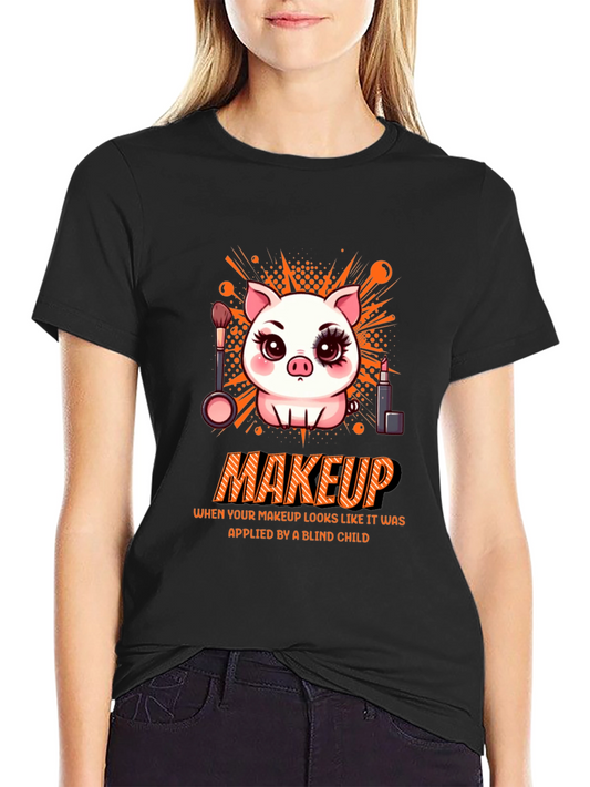 Camiseta Negra Estampada: Cerdo con Maquillaje