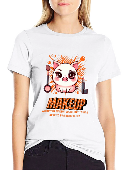 Camiseta Negra Estampada: Cerdo con Maquillaje
