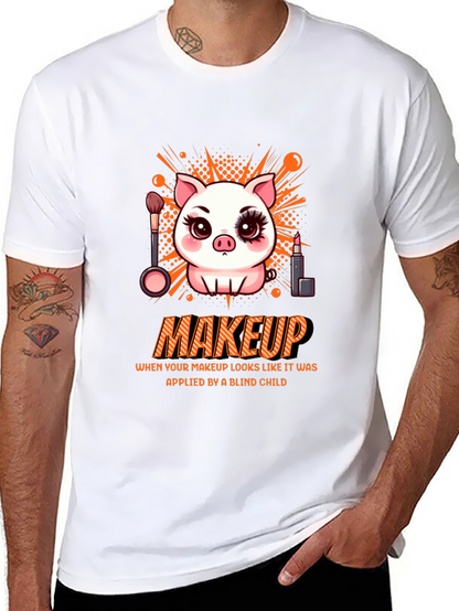 Camiseta Negra Estampada: Cerdo con Maquillaje