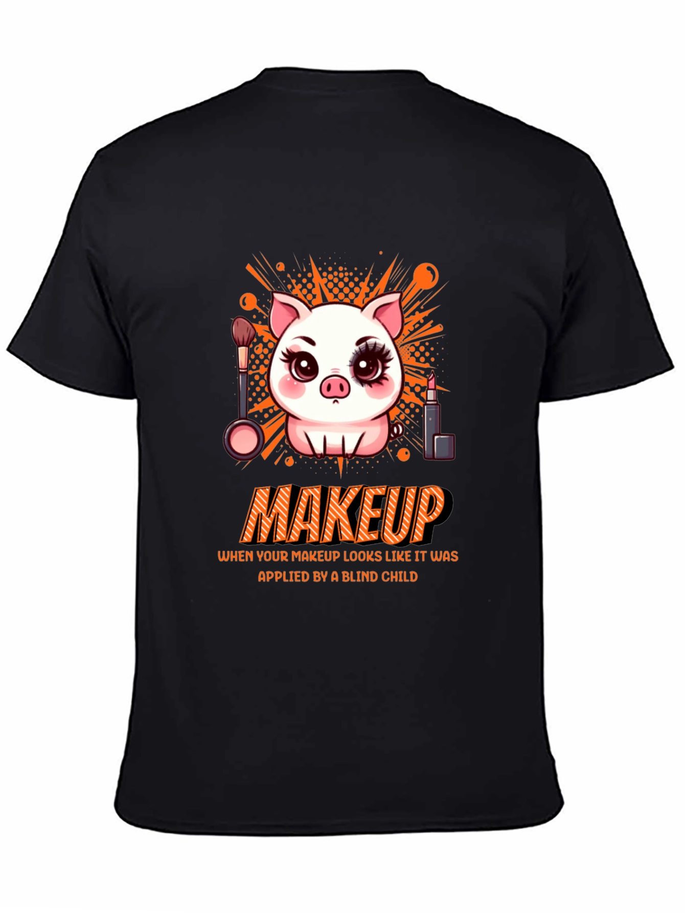 Camiseta Negra Estampada: Cerdo con Maquillaje