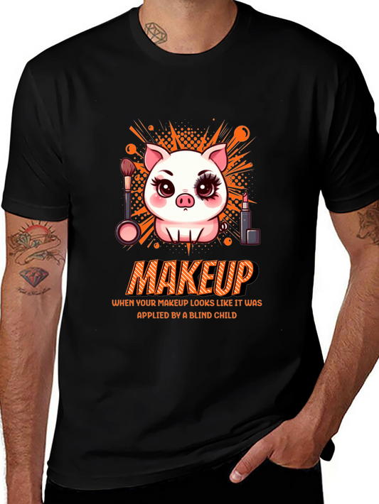 Camiseta Negra Estampada: Cerdo con Maquillaje