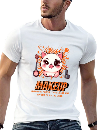 Camiseta Negra Estampada: Cerdo con Maquillaje