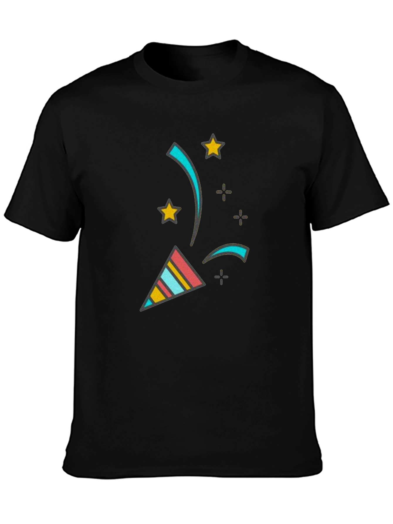 Camiseta Negra con Diseño Festivo de Confeti y Estrellas