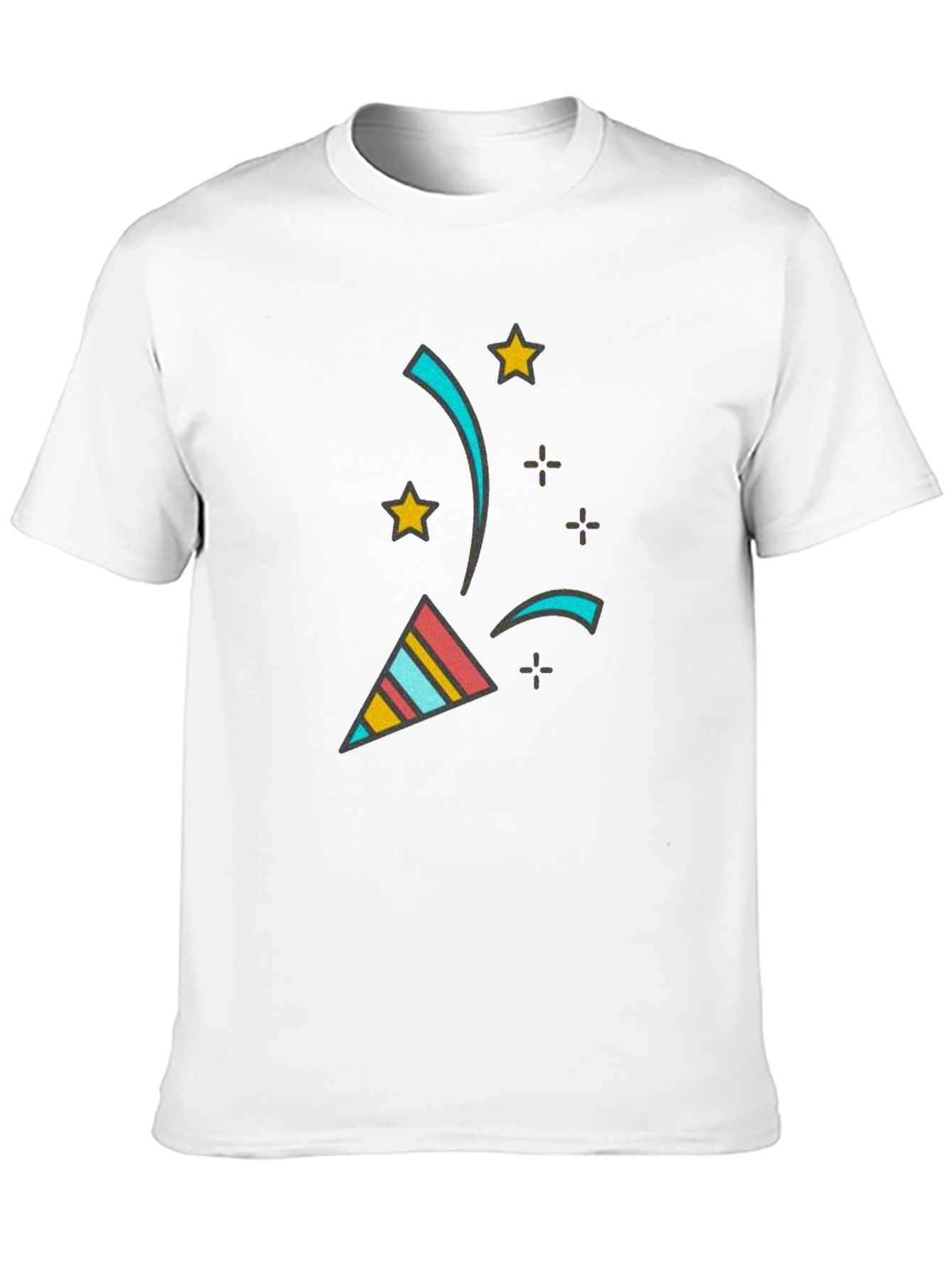 Camiseta Negra con Diseño Festivo de Confeti y Estrellas