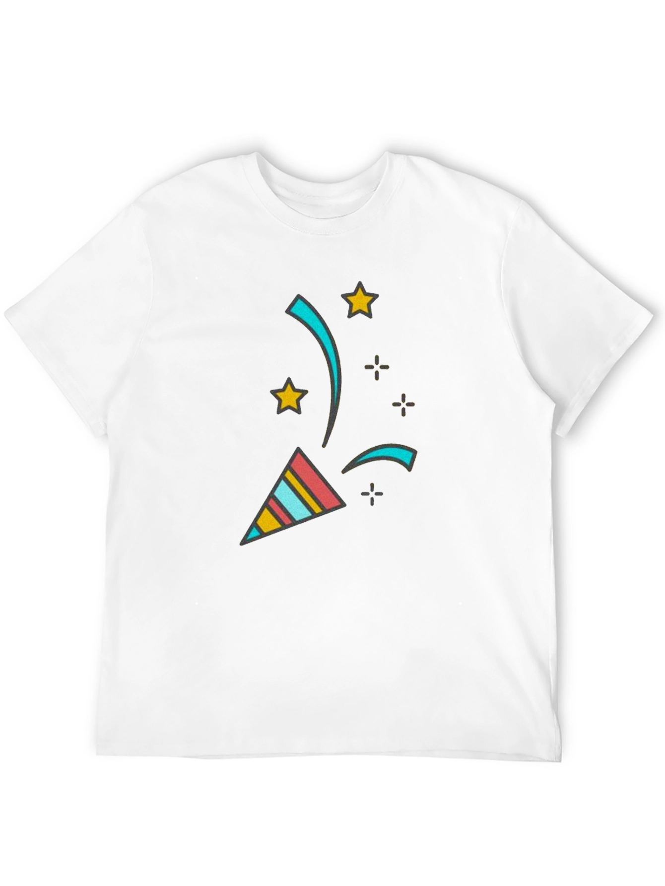 Camiseta Negra con Diseño Festivo de Confeti y Estrellas
