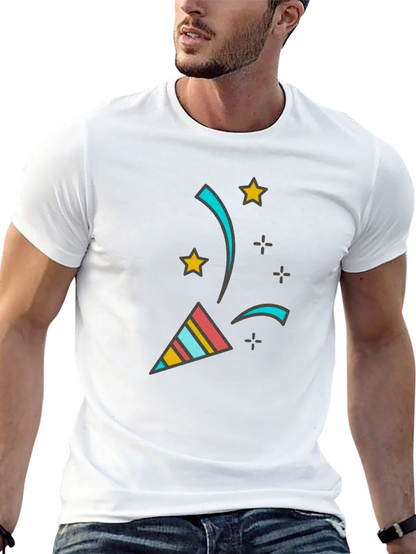 Camiseta Negra con Diseño Festivo de Confeti y Estrellas