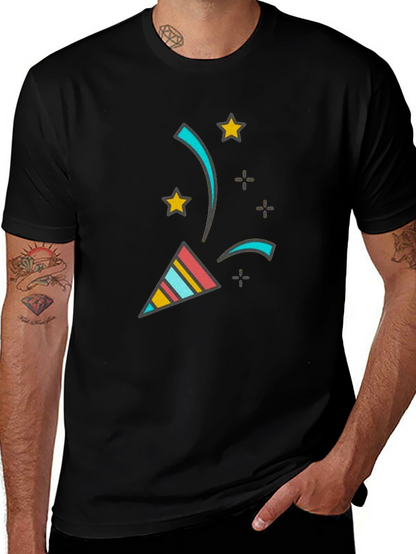 Camiseta Negra con Diseño Festivo de Confeti y Estrellas