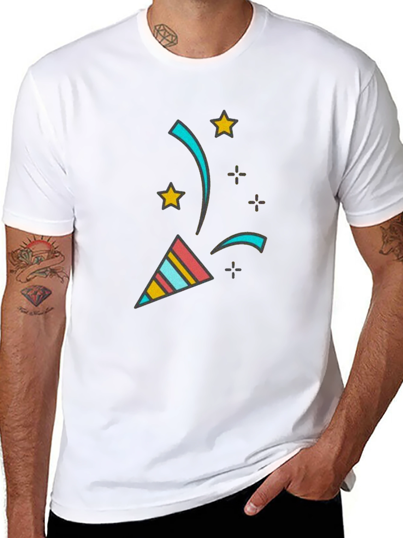 Camiseta Negra con Diseño Festivo de Confeti y Estrellas