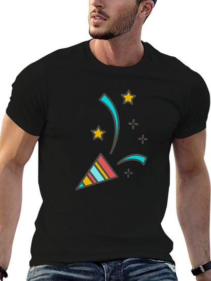 Camiseta Negra con Diseño Festivo de Confeti y Estrellas