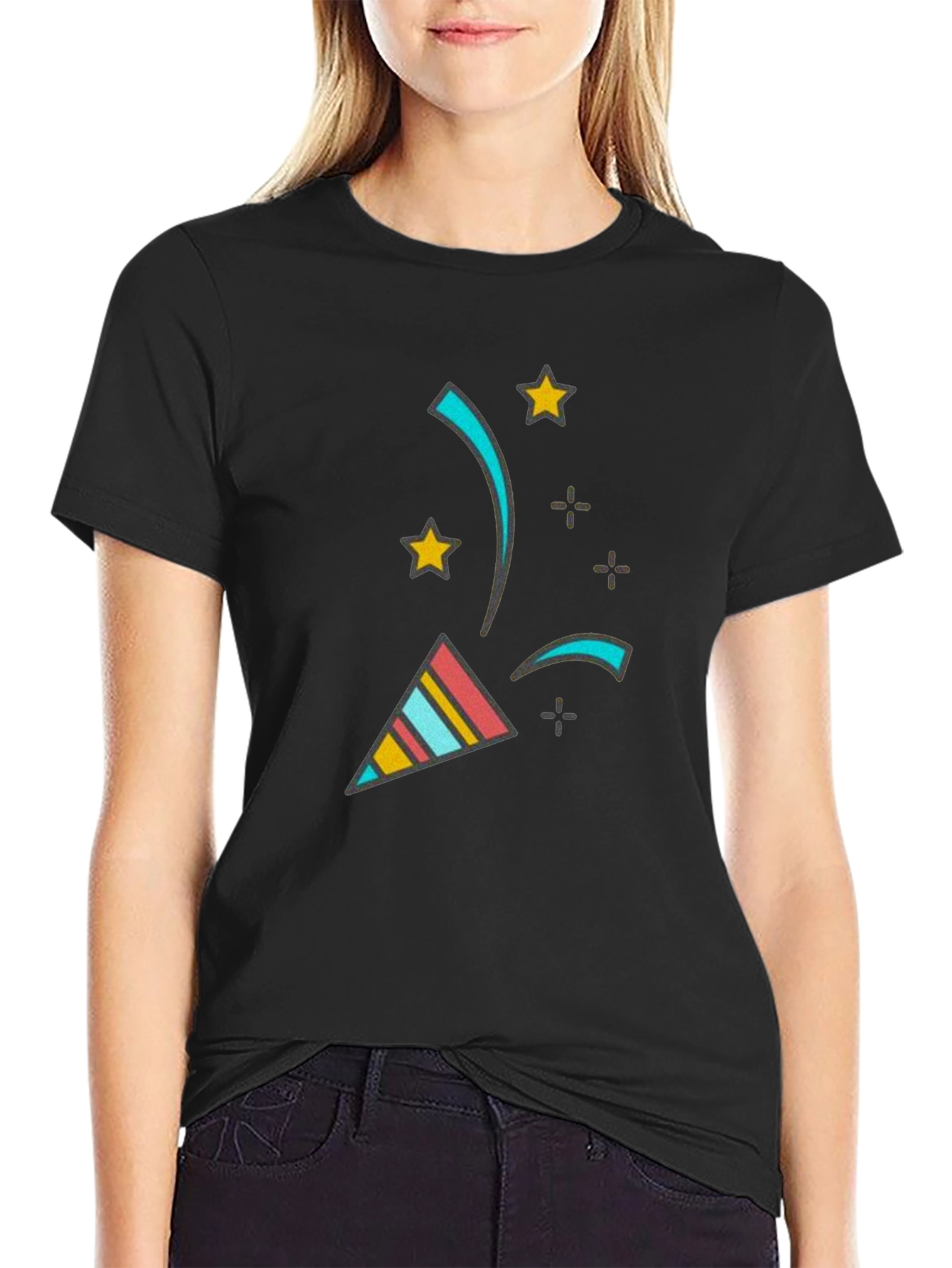 Camiseta Negra con Diseño Festivo de Confeti y Estrellas