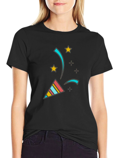 Camiseta Negra con Diseño Festivo de Confeti y Estrellas