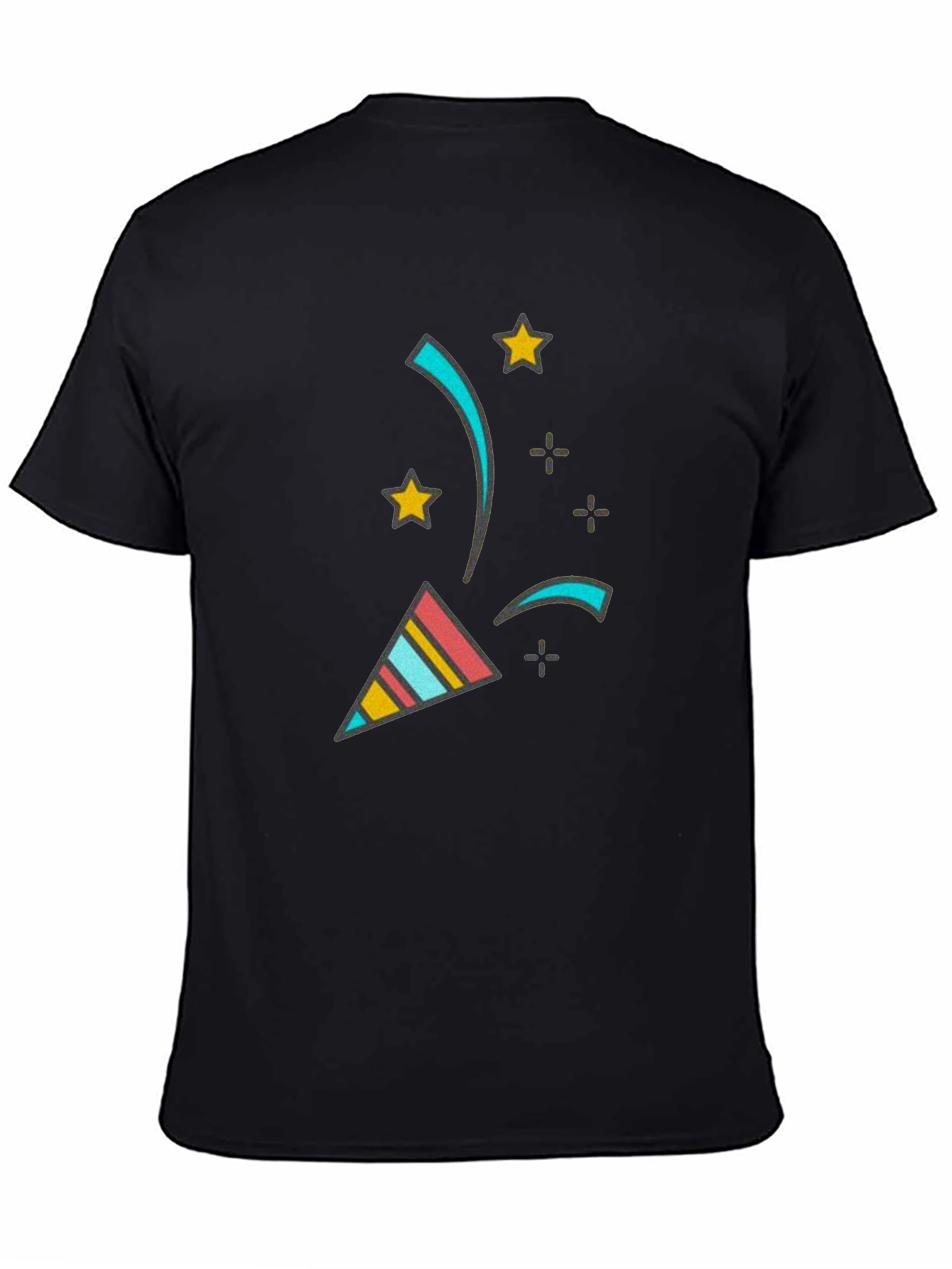Camiseta Negra con Diseño Festivo de Confeti y Estrellas