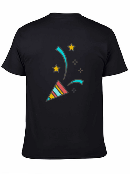 Camiseta Negra con Diseño Festivo de Confeti y Estrellas