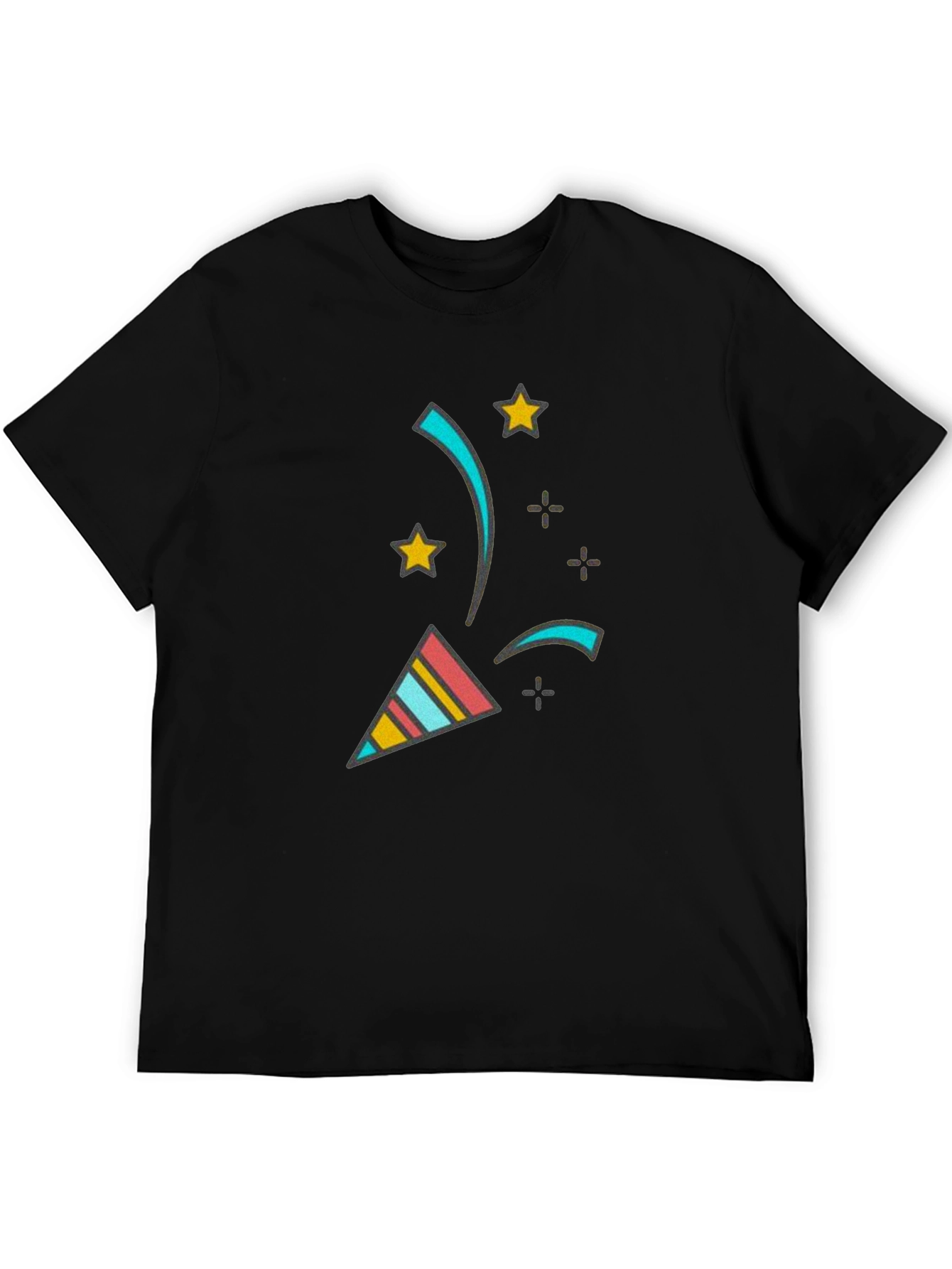 Camiseta Negra con Diseño Festivo de Confeti y Estrellas
