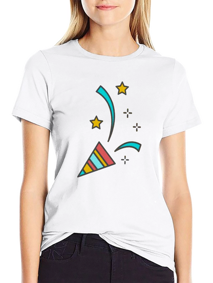 Camiseta Negra con Diseño Festivo de Confeti y Estrellas