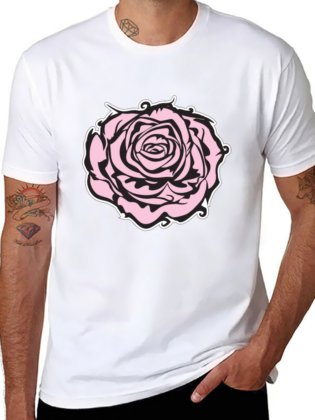 Camiseta Negra con Diseño de Rosa Abstracta