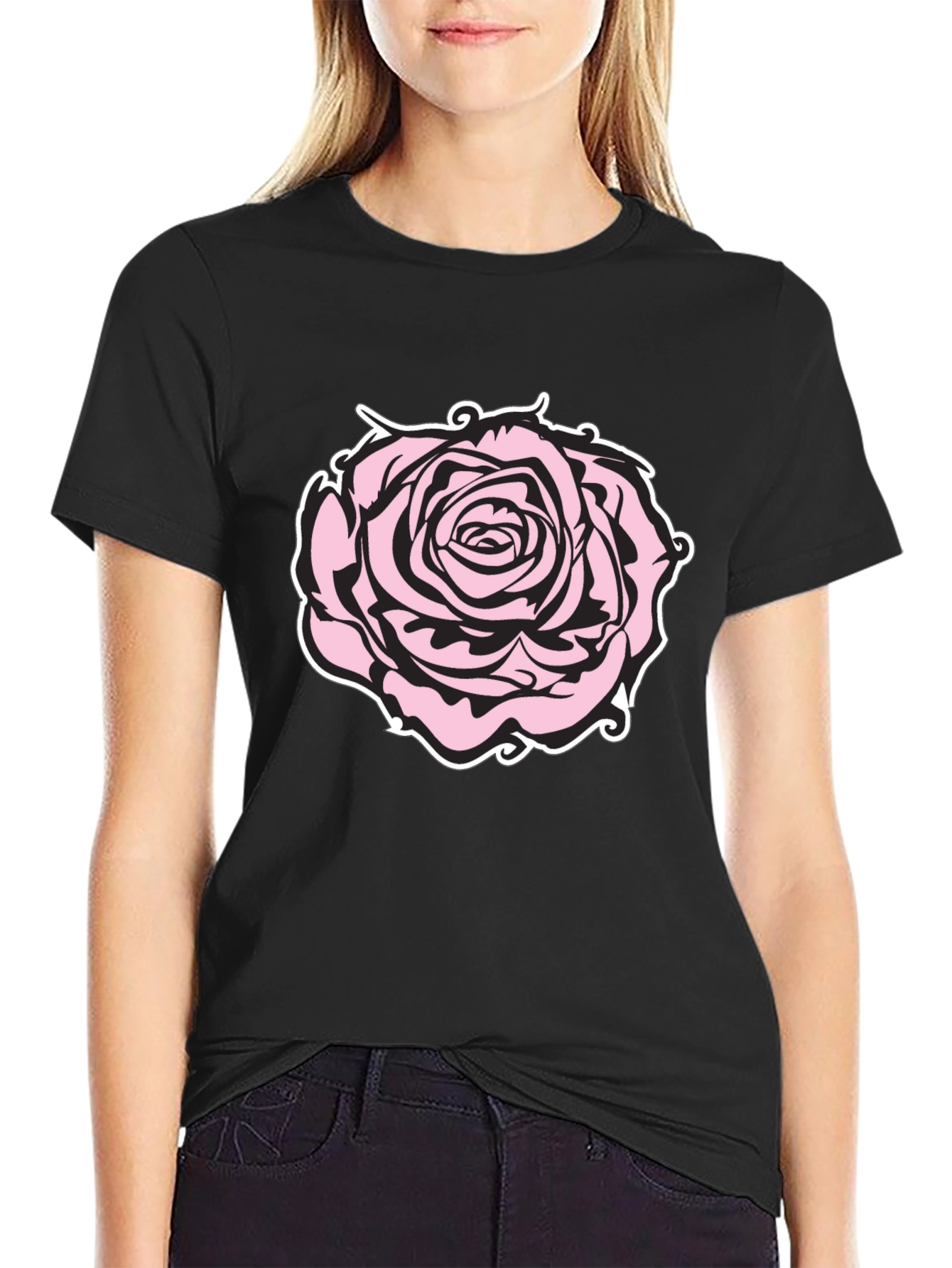 Camiseta Negra con Diseño de Rosa Abstracta