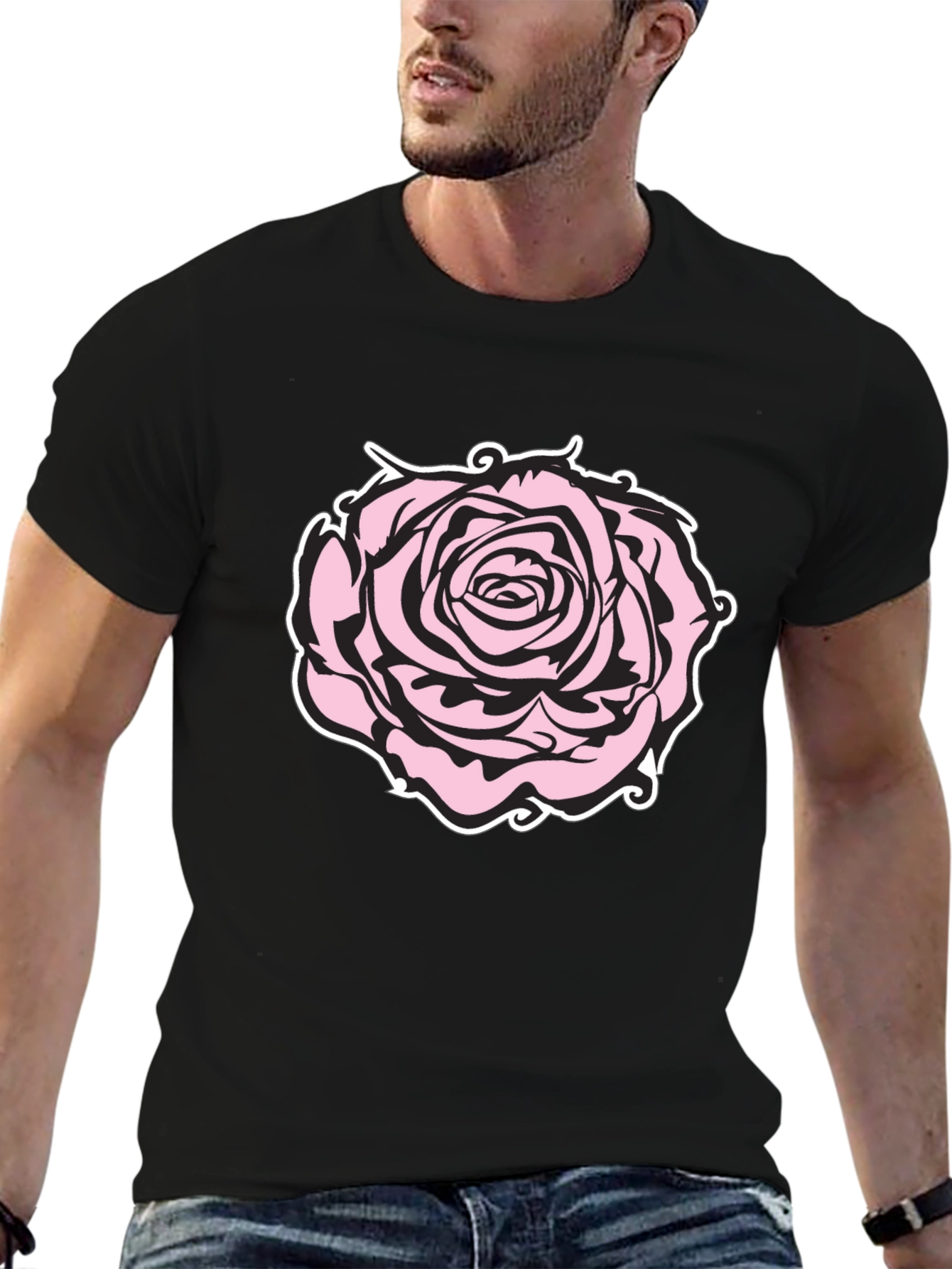 Camiseta Negra con Diseño de Rosa Abstracta