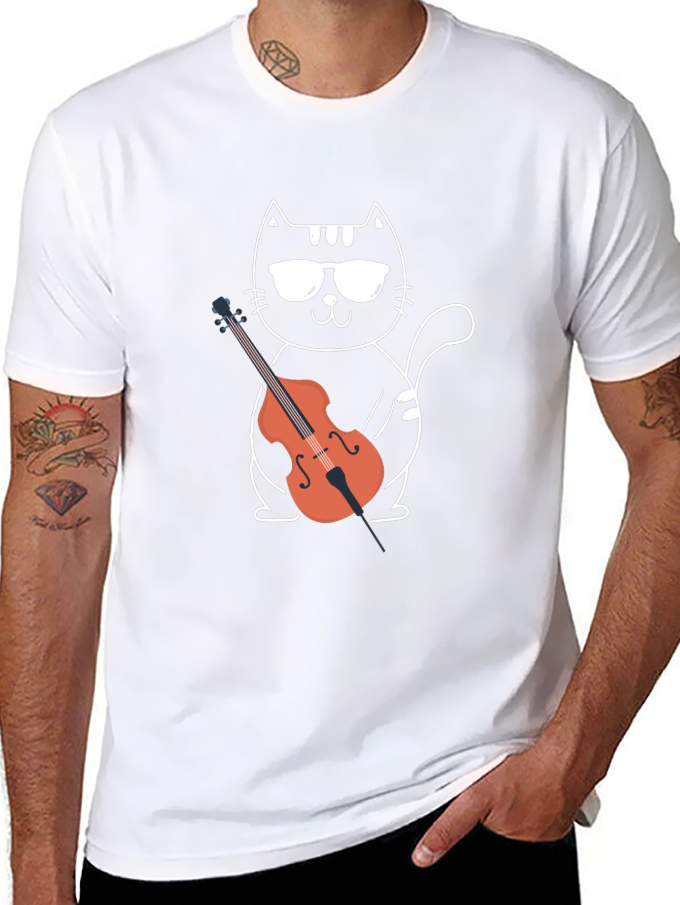 Camiseta Negra Gato Músico con Violonchelo