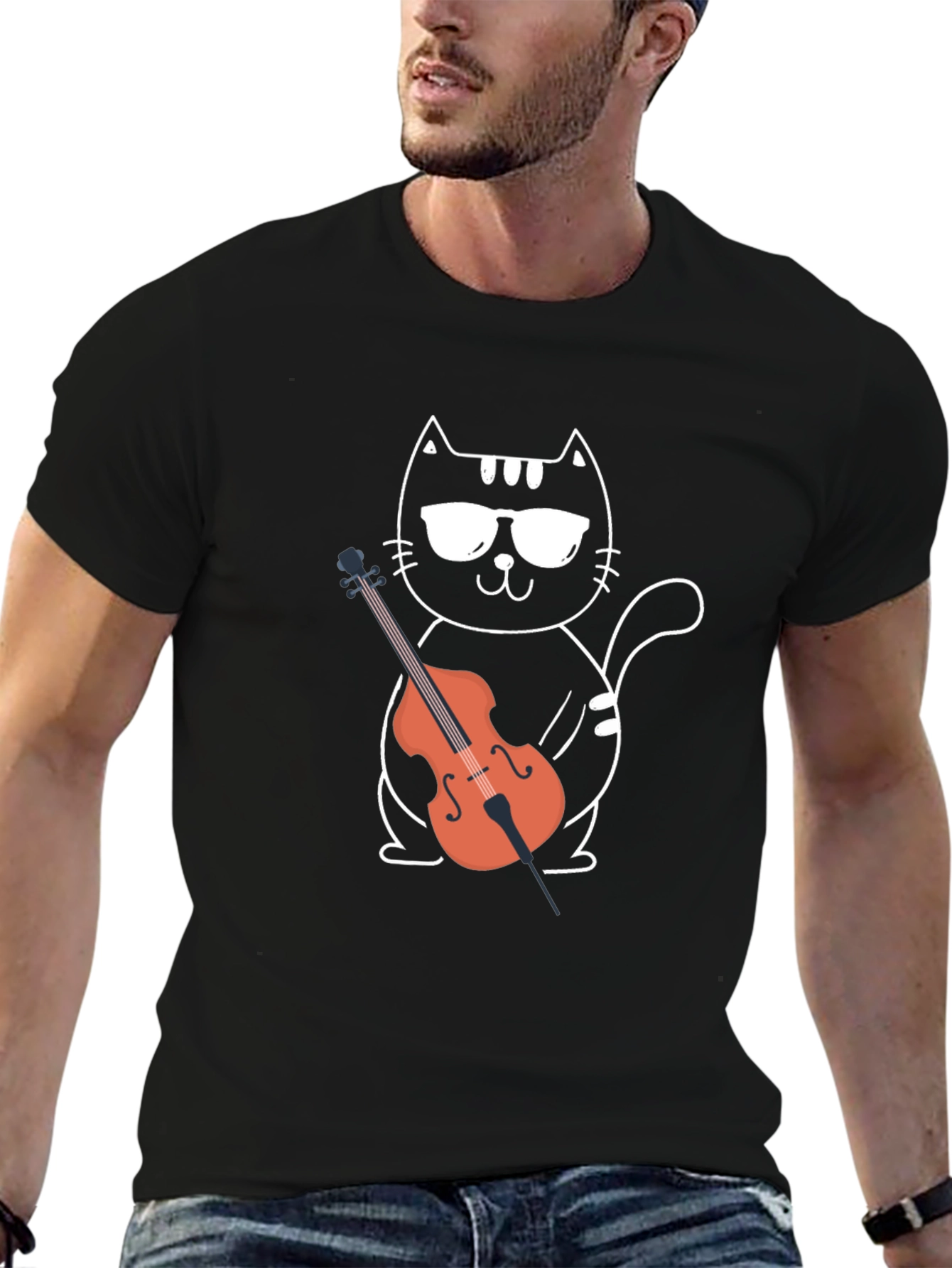 Camiseta Negra Gato Músico con Violonchelo