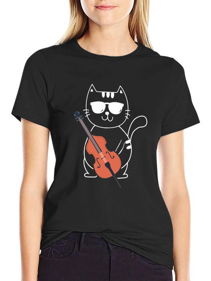 Camiseta Negra Gato Músico con Violonchelo