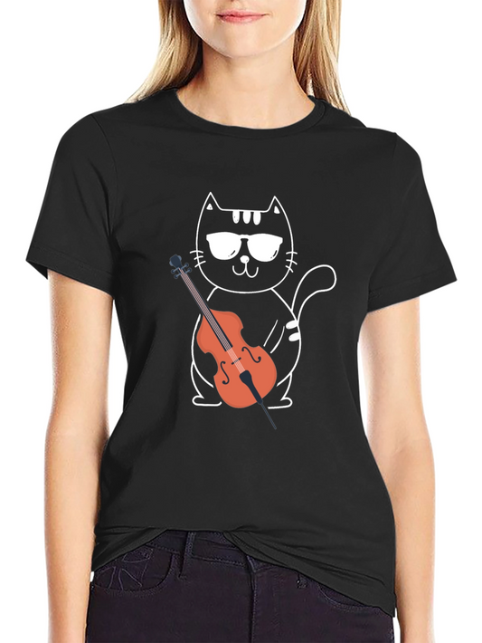 Camiseta Negra Gato Músico con Violonchelo