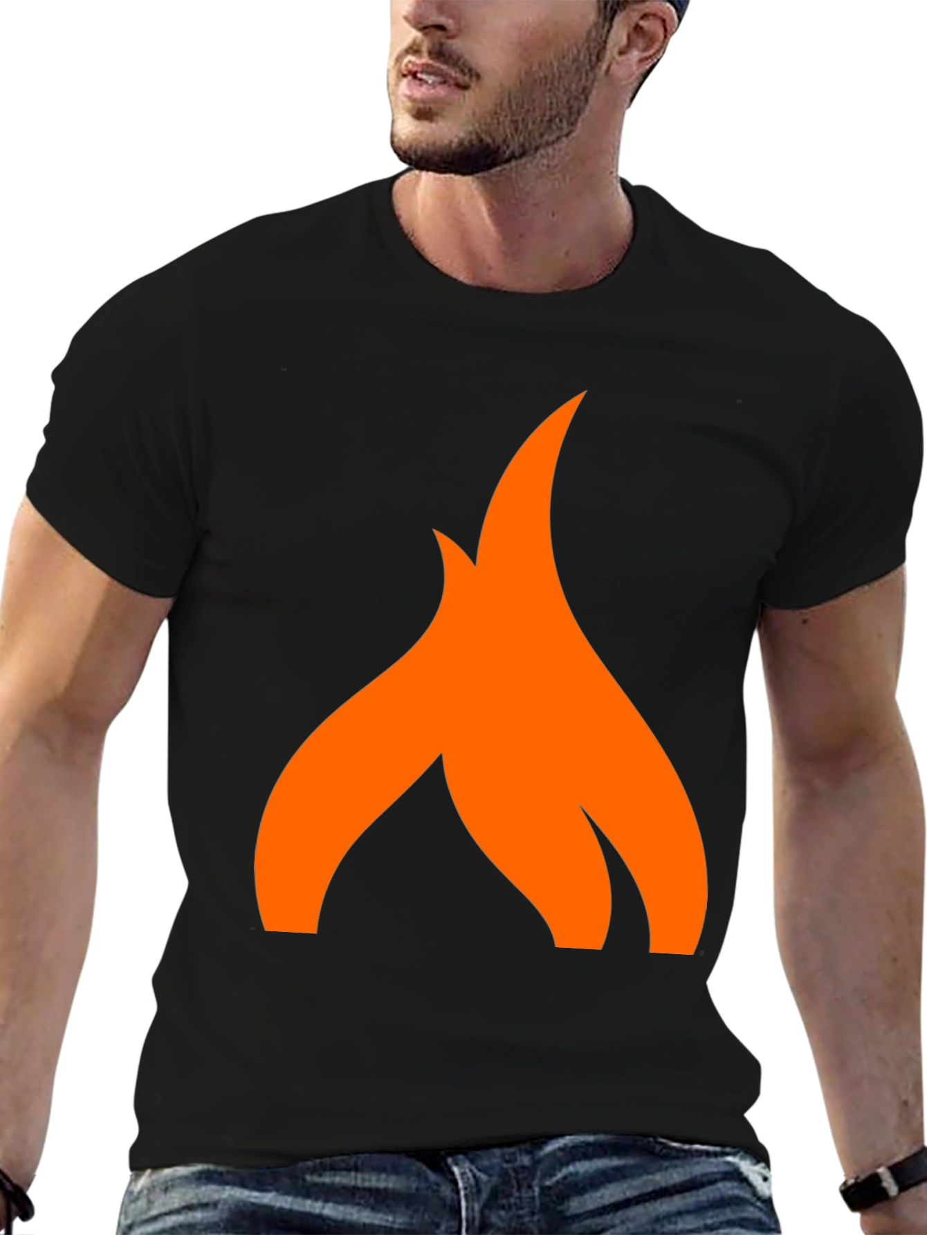 Camiseta Negra con Logo de Llama Naranja