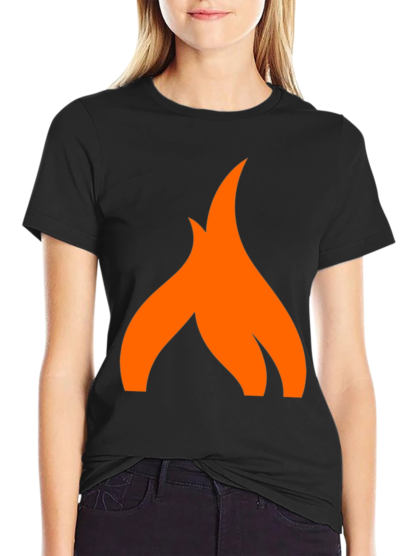 Camiseta Negra con Logo de Llama Naranja