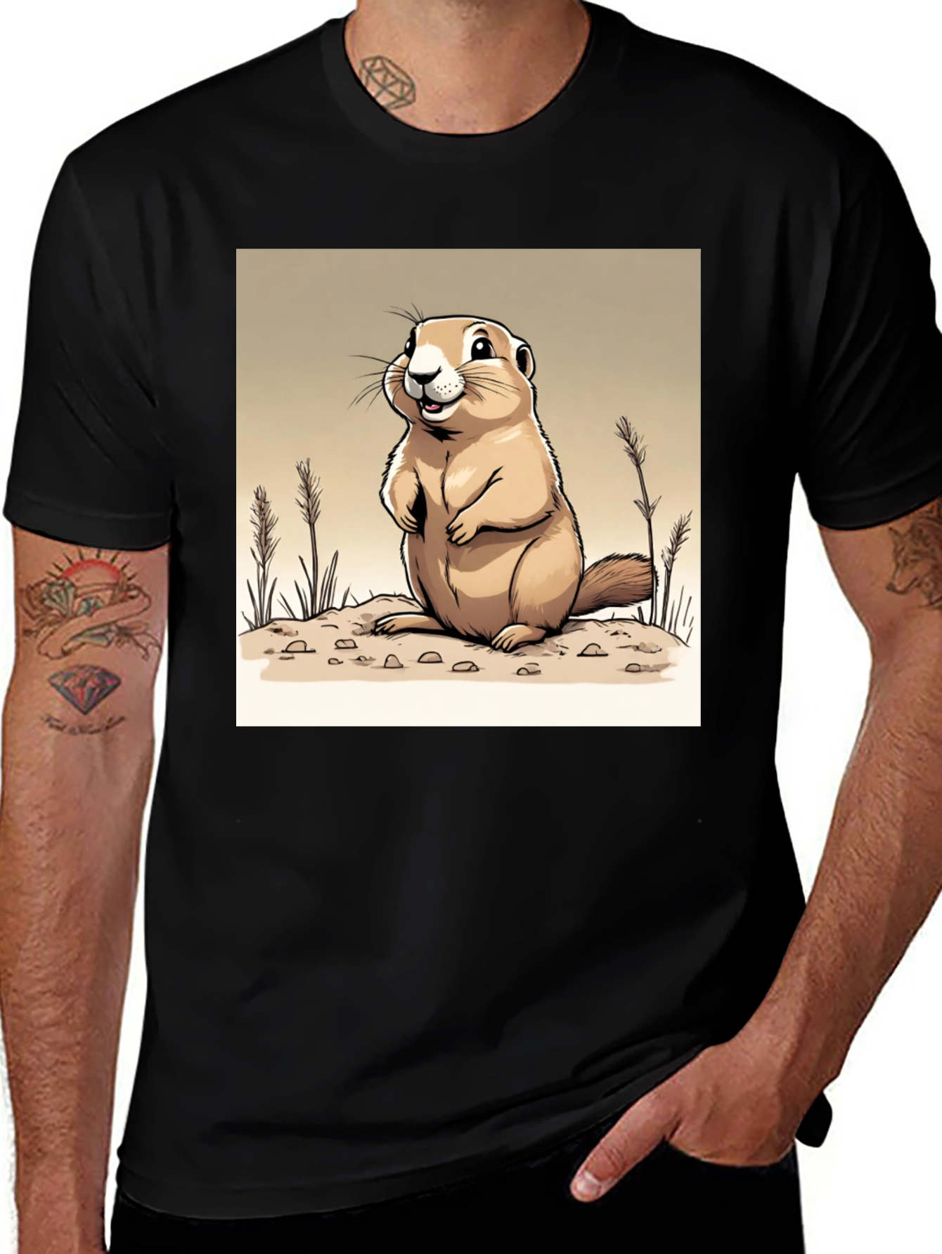 Camiseta Negra con Diseño de Marmota Amigable