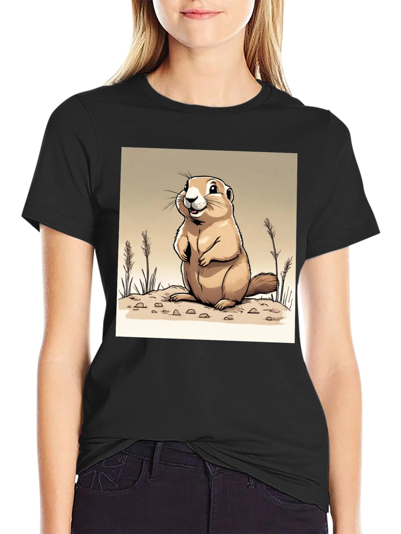 Camiseta Negra con Diseño de Marmota Amigable
