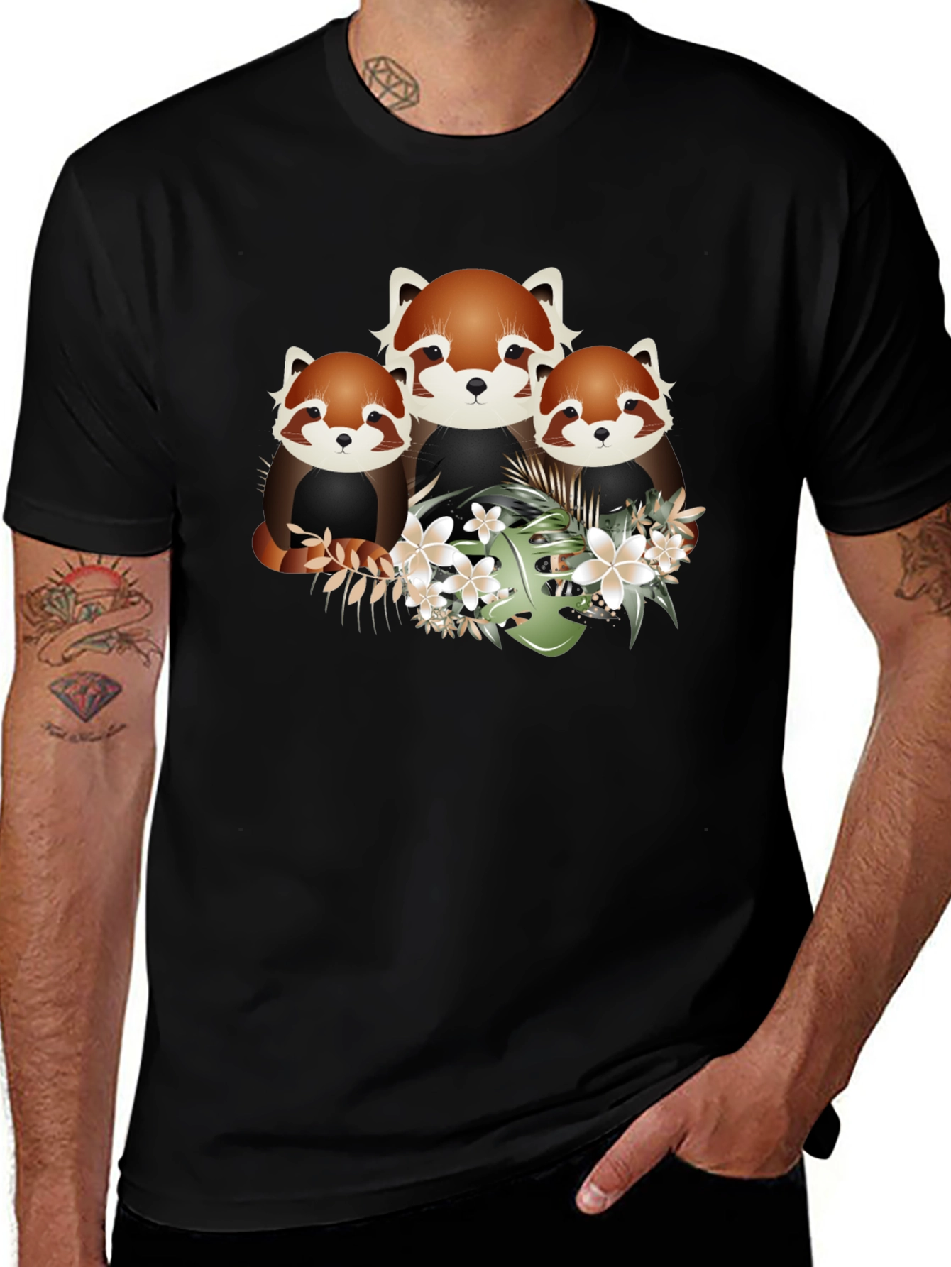 Camiseta Negra con Diseño de Pandas Rojos Florales
