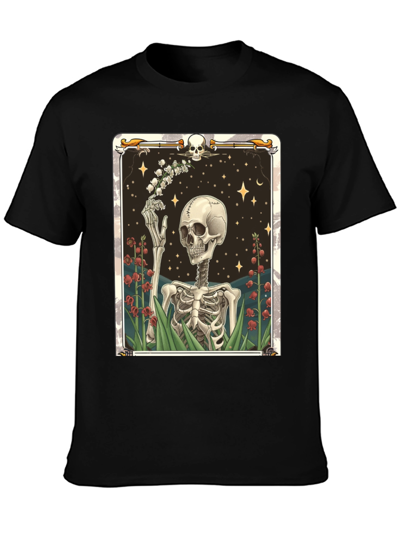 Camiseta Negra con Diseño de Esqueleto Floral
