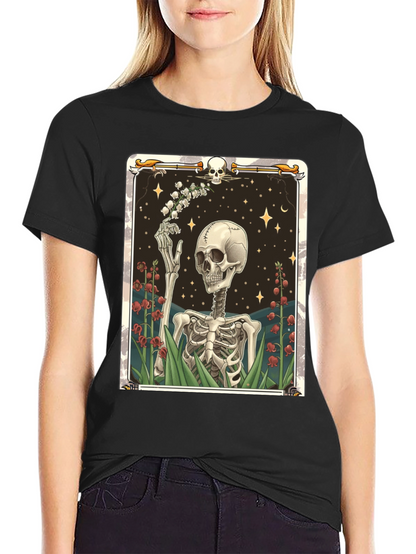 Camiseta Negra con Diseño de Esqueleto Floral