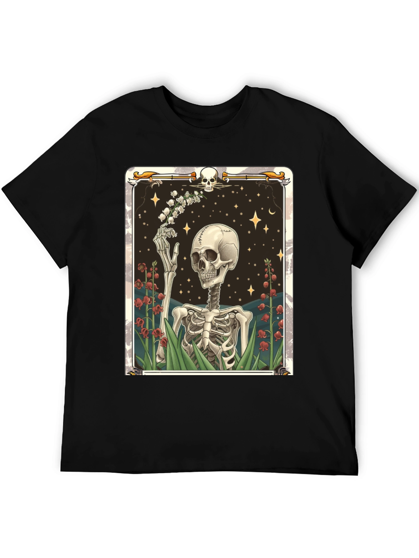 Camiseta Negra con Diseño de Esqueleto Floral
